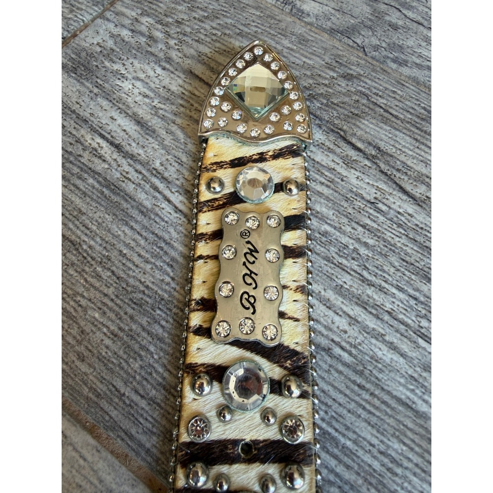 BHW Western Belt XL Zebra Print Rhinestone Extra Large Studded Calf Hair Leather